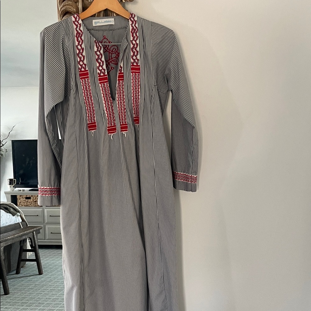Chic Striped Kaftan Maxi Dress with Red Accents